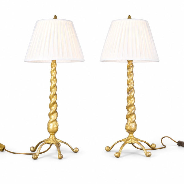 Pair of Solid Brass Barley Twist Table Lamps, Splayed Foot Base with Pleated Shades