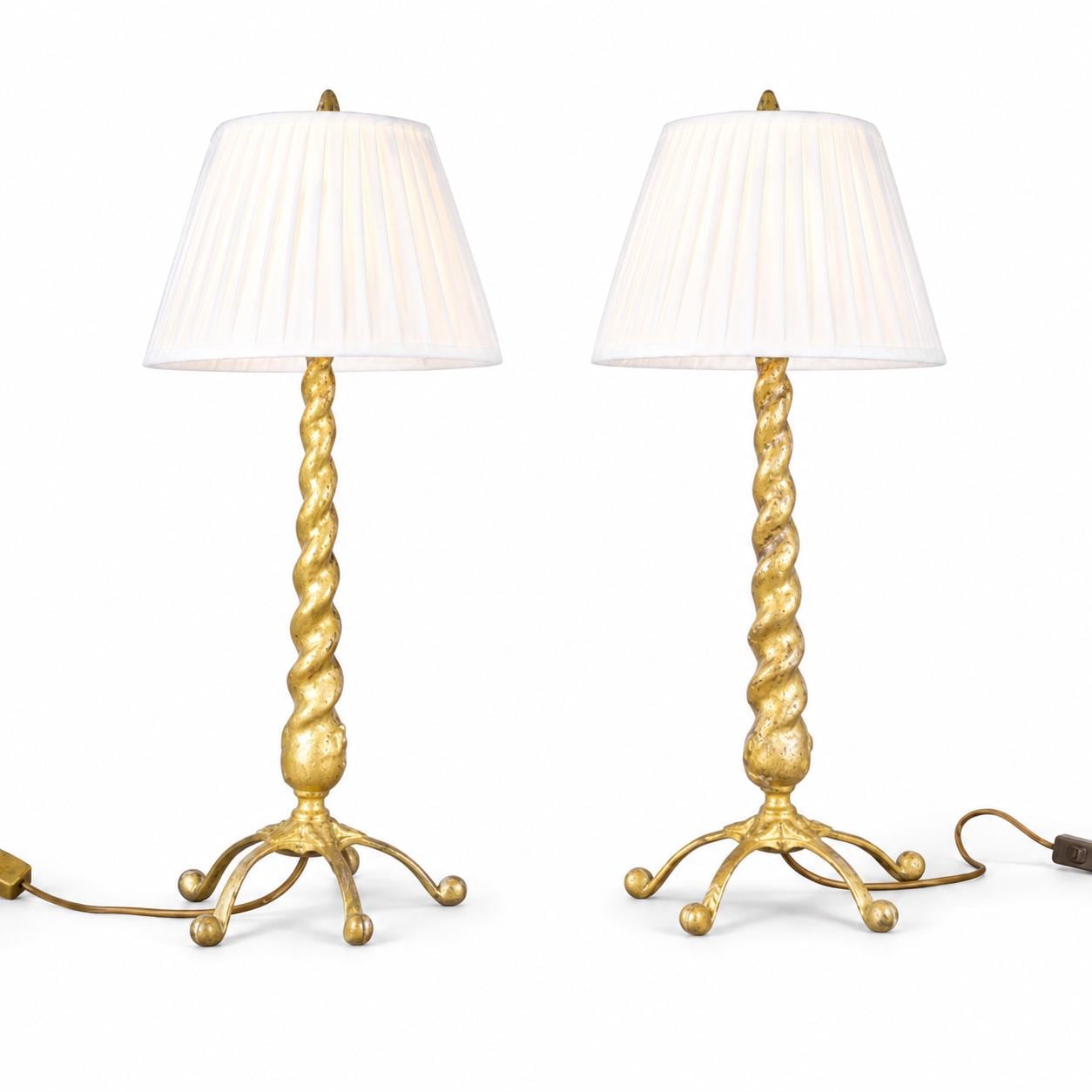 Pair of Solid Brass Barley Twist Table Lamps, Splayed Foot Base with Pleated Shades