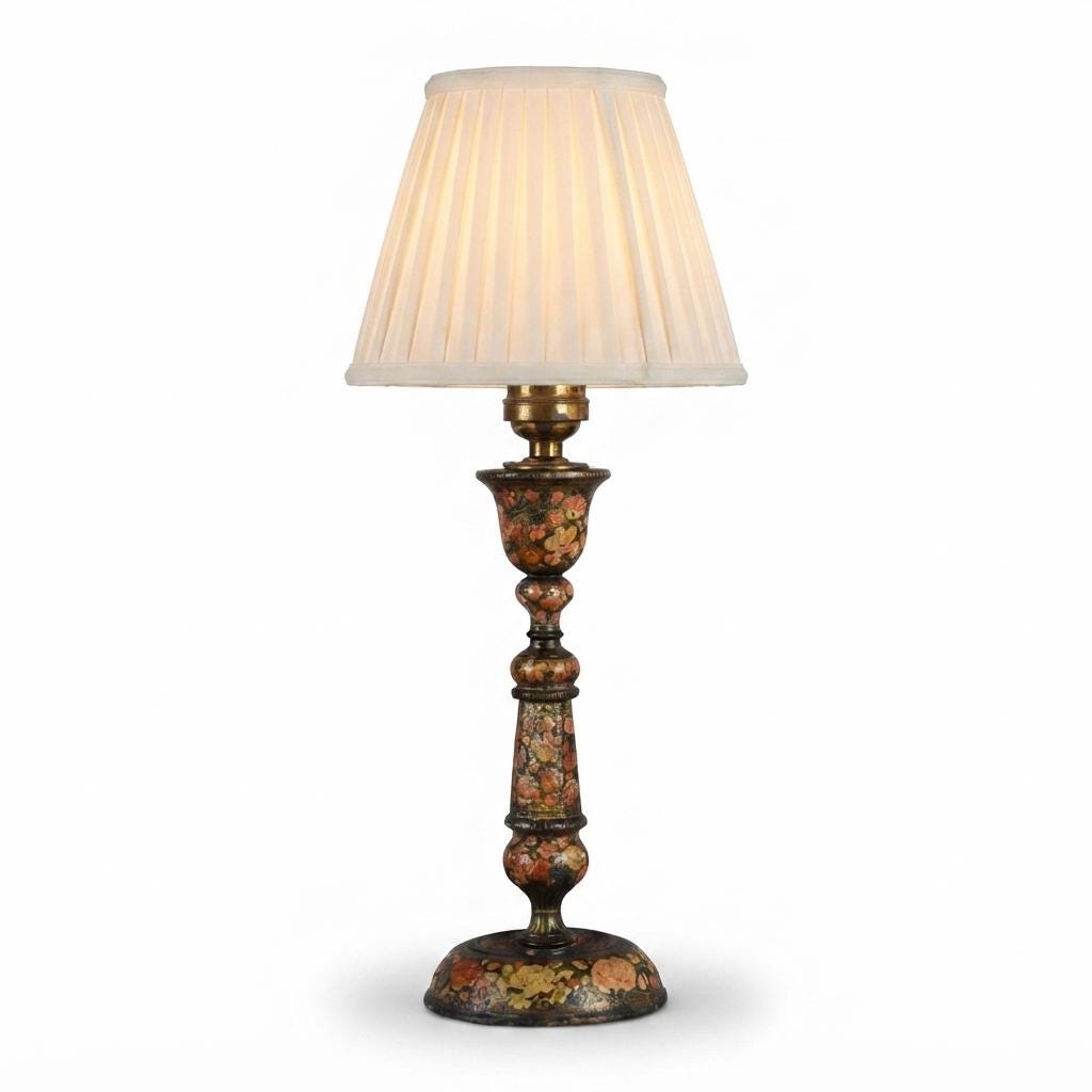Hand-Painted Kashmiri Wood Lamp Base, 1910s | Vintage Floral Bohemian Accent | Antique Bedside Table Lamp