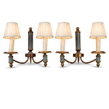 Pair of Brass and Blue-Grey Wall Sconces, Three-Arm Neoclassical Style Lighting, Circa 1940s