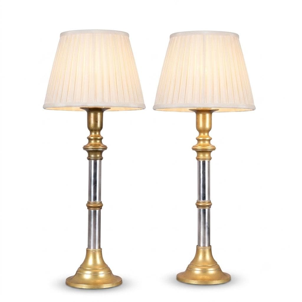 Pair of Mid-Century Brass and Chrome Column Table Lamps, Two-Tone Turned Column Base