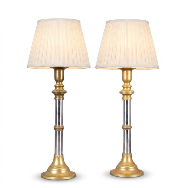 Pair of Mid-Century Brass and Chrome Column Table Lamps, Two-Tone Turned Column Base