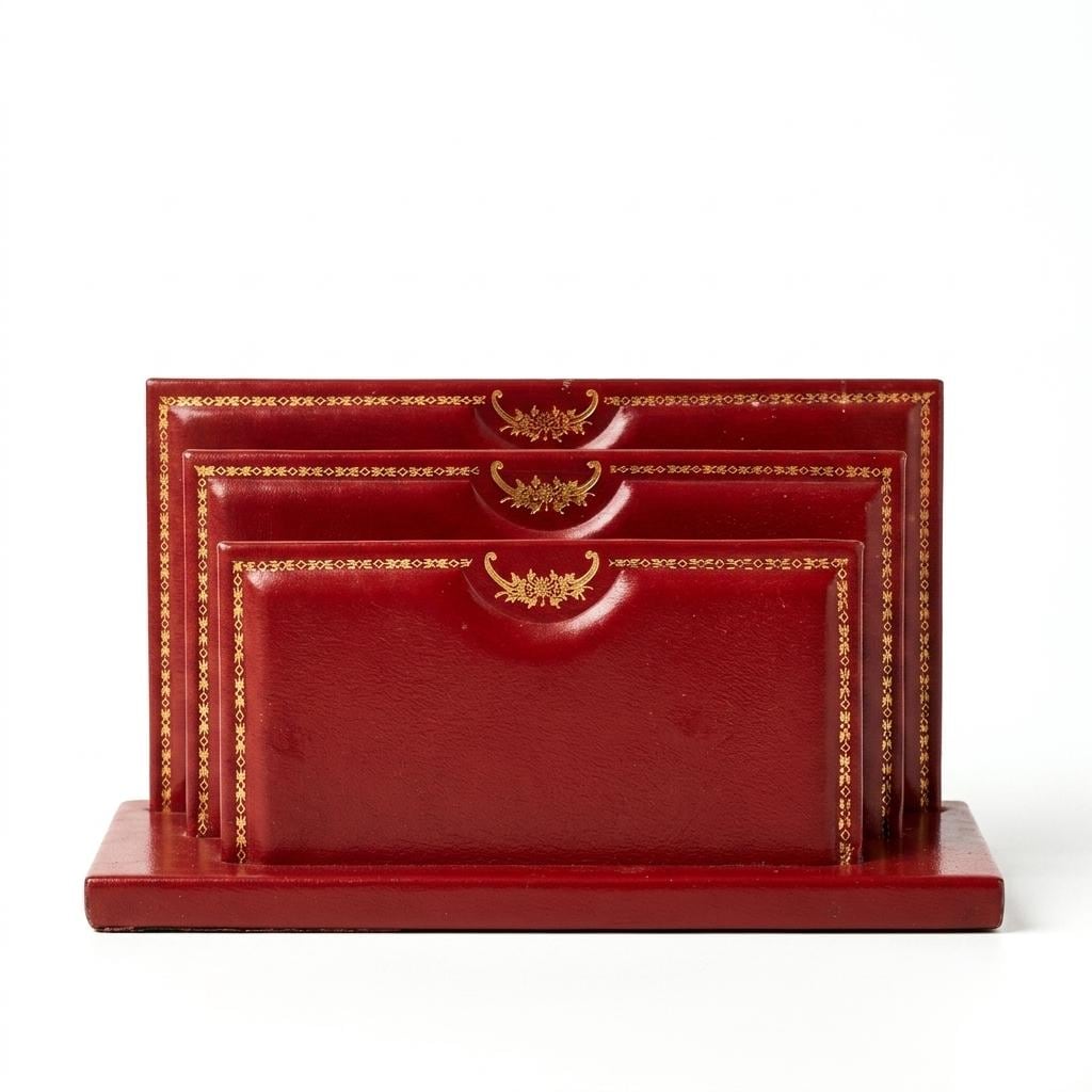 Vintage Red Desk Letter Holder, Gilt Tooled Border Design, Tiered Correspondence Rack