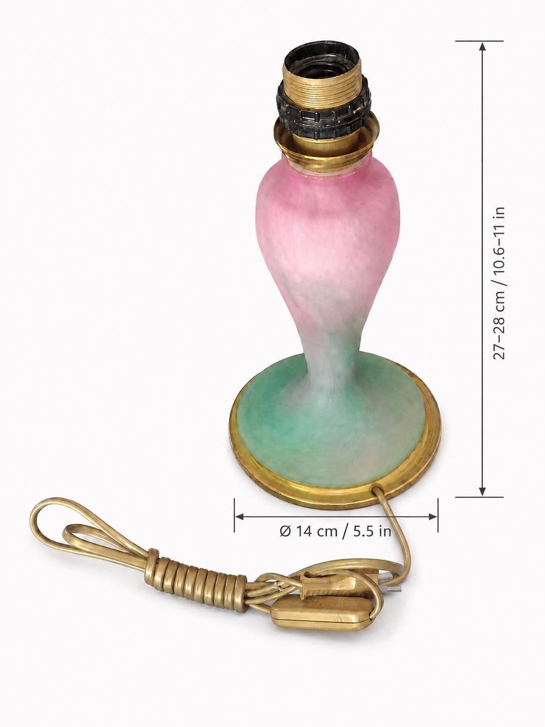 Antique Pâte de Verre Style Glass Lamp Base, Pink and Green, Brass Fittings, Art Deco Style
