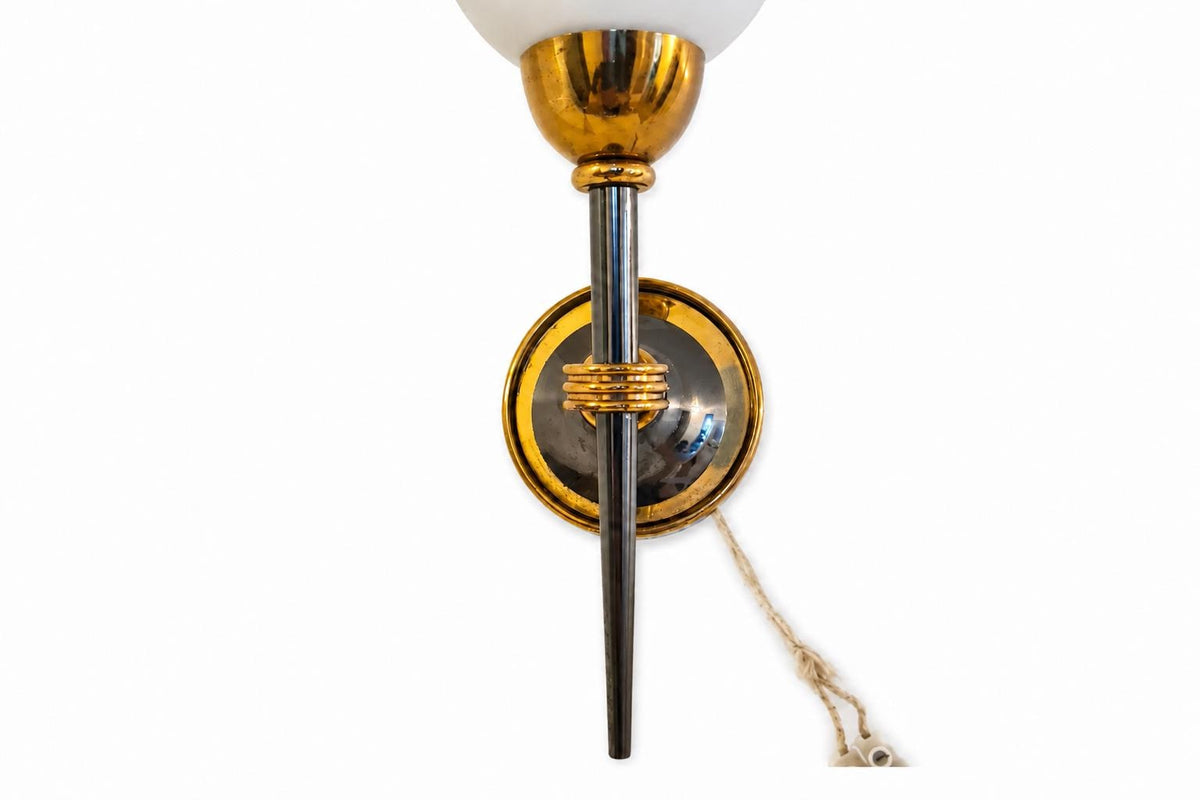Vintage French Torch-Form Wall Sconce, White Opaline Glass, Gilt and Black Metal, 1940s-50s