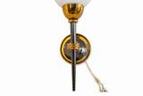 Vintage French Torch-Form Wall Sconce, White Opaline Glass, Gilt and Black Metal, 1940s-50s