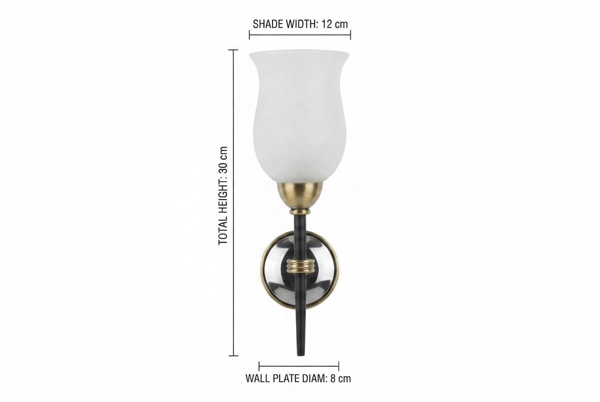Vintage French Torch-Form Wall Sconce, White Opaline Glass, Gilt and Black Metal, 1940s-50s