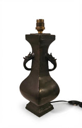 Antique Bronze Chinese Vase Lamp Base, Taotie Mask Ring Handles, Hexagonal Form, Asian Style