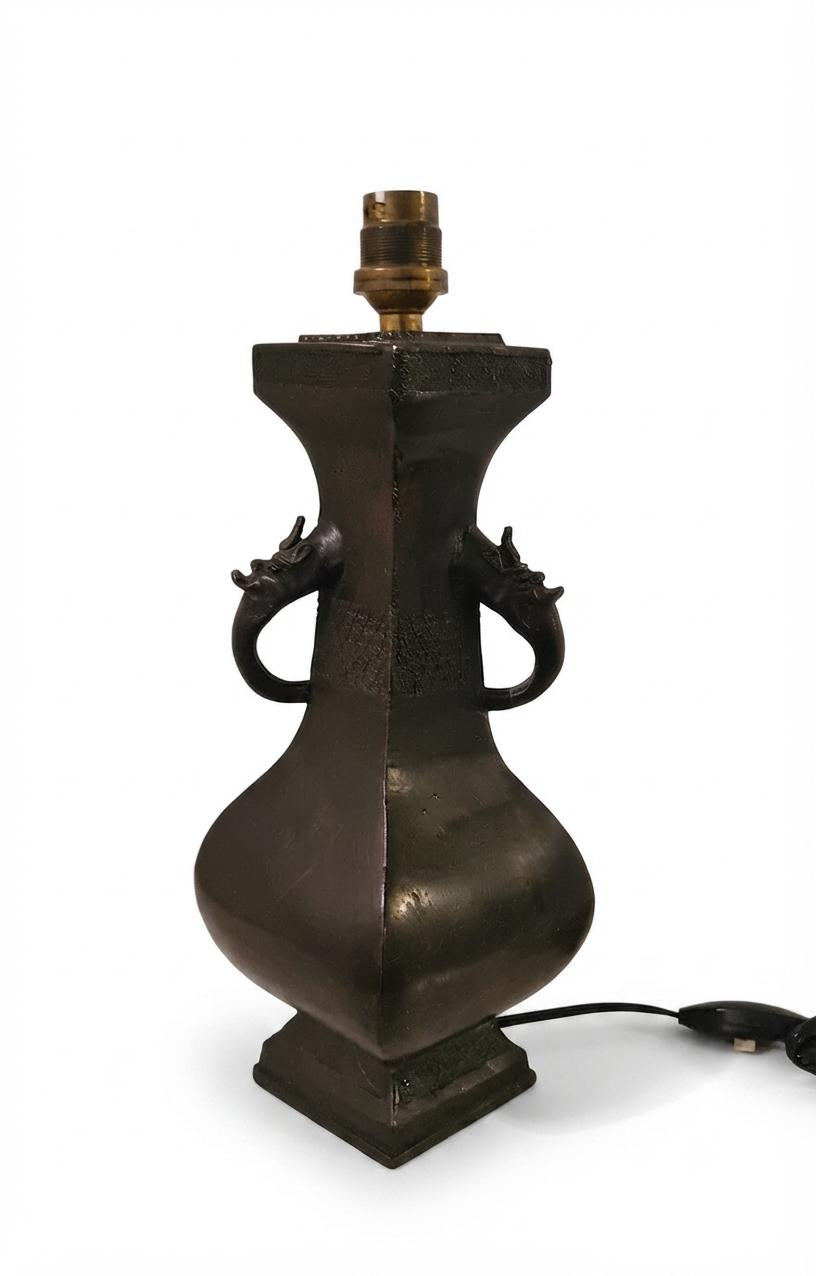Antique Bronze Chinese Vase Lamp Base, Taotie Mask Ring Handles, Hexagonal Form, Asian Style
