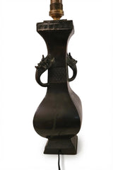 Antique Bronze Chinese Vase Lamp Base, Taotie Mask Ring Handles, Hexagonal Form, Asian Style