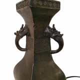 Antique Bronze Chinese Vase Lamp Base, Taotie Mask Ring Handles, Hexagonal Form, Asian Style