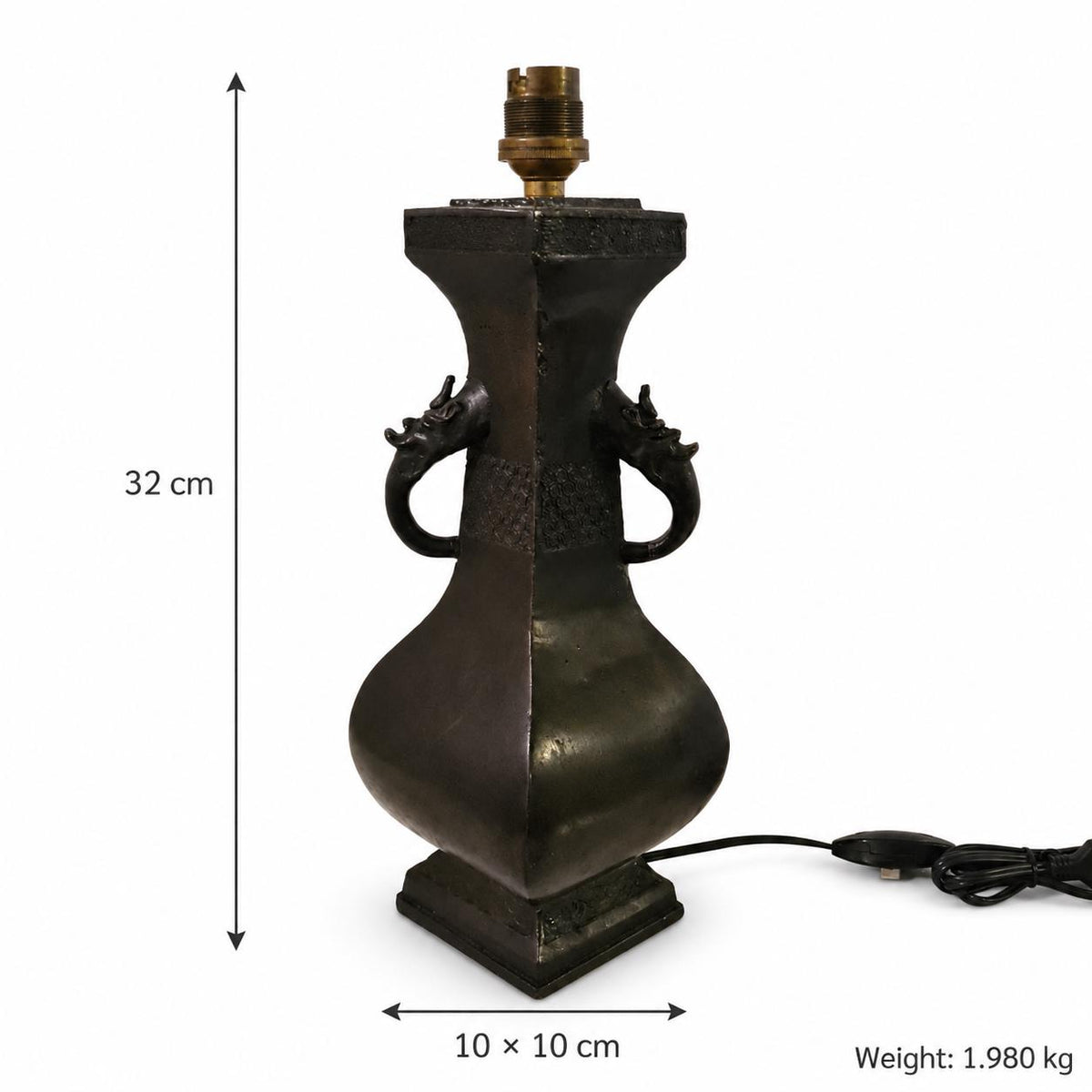 Antique Bronze Chinese Vase Lamp Base, Taotie Mask Ring Handles, Hexagonal Form, Asian Style