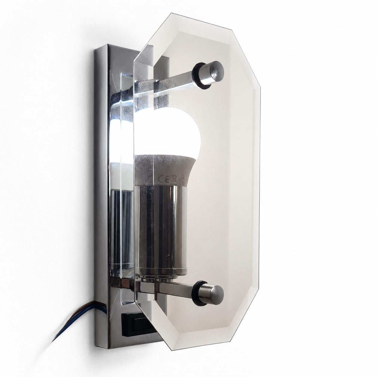 Pair of German Chrome Wall Sconces, Beveled Smoked Glass Panels, 1960s West Germany