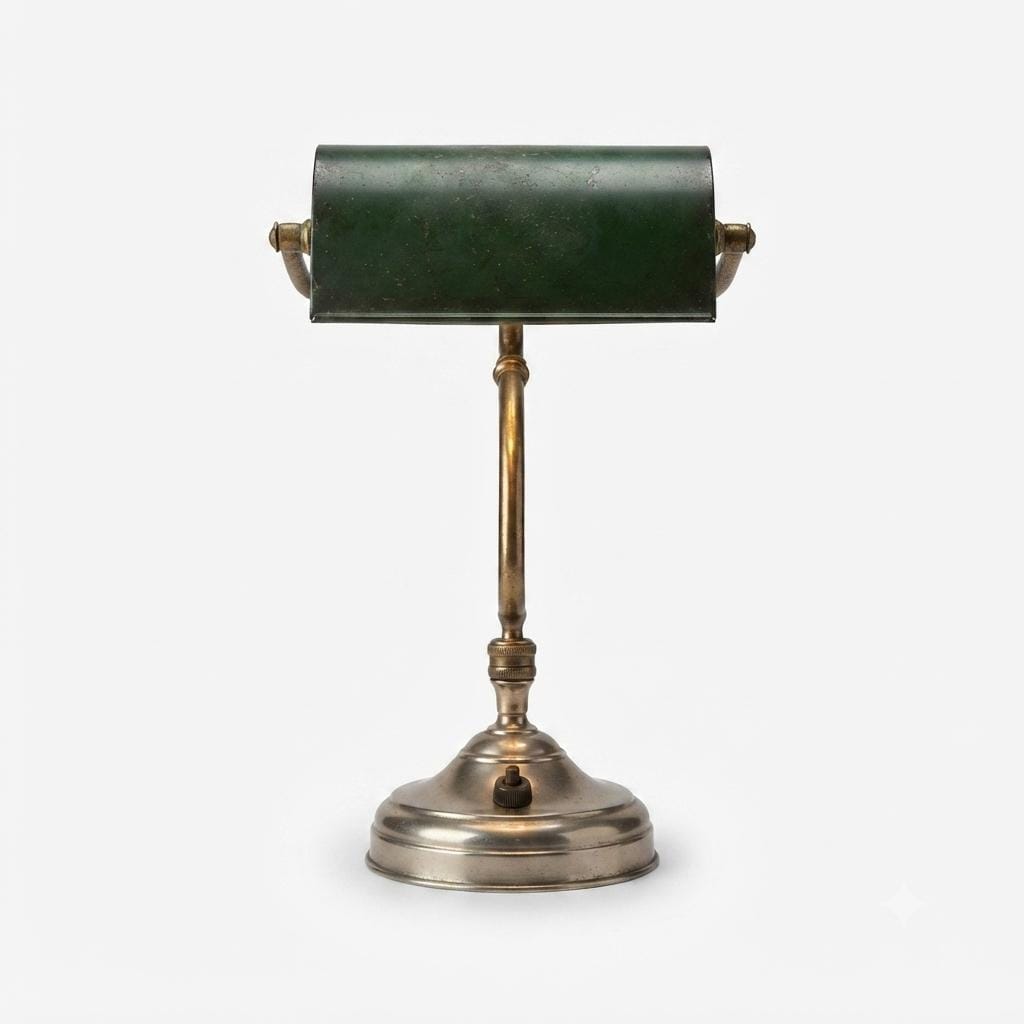 Vintage Bankers Desk Lamp, Green Metal Shade, Nickel Plated Brass — European, circa 1920s–1930s