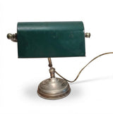 Vintage Bankers Desk Lamp, Green Metal Shade, Nickel Plated Brass — European, circa 1920s–1930s