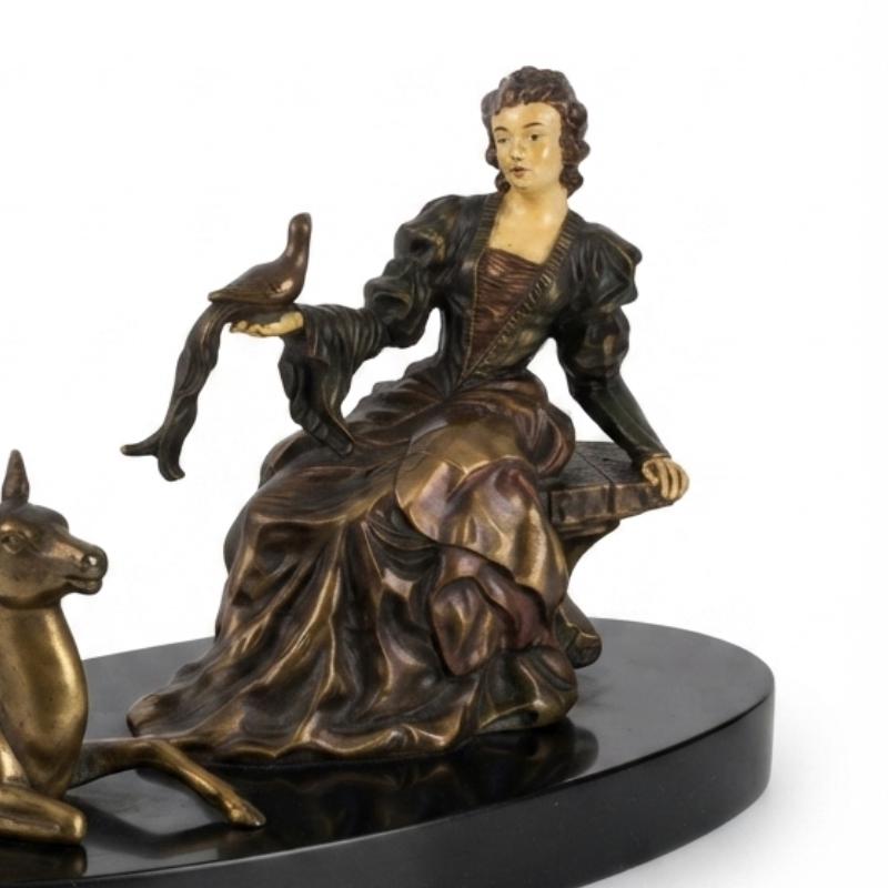 Art Deco Spelter Sculpture, Elegant Woman with Doe, French Marble Base