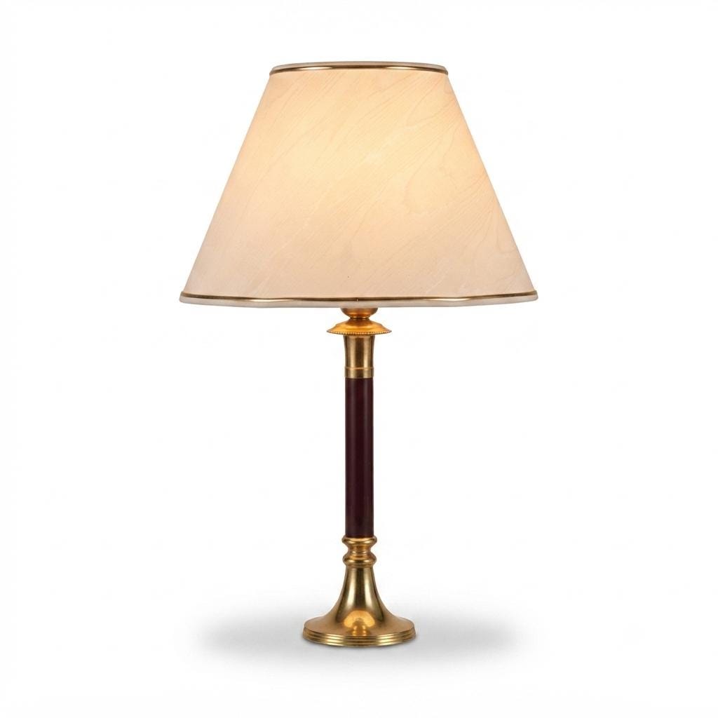 Vintage Brass Table Lamp, Burgundy Column, White Shade with Gold Trim, Hollywood Regency Style, 1980s