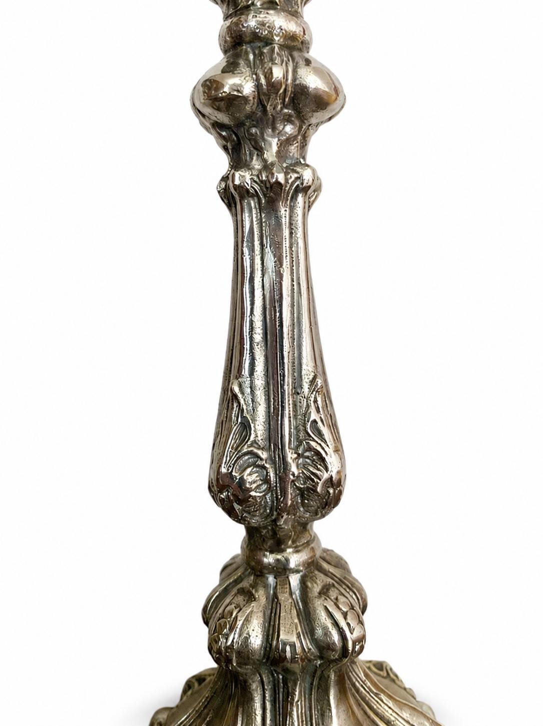 Pair of Antique Silvered Bronze Candlesticks, Louis XV Rococo Style, Late 19th Century