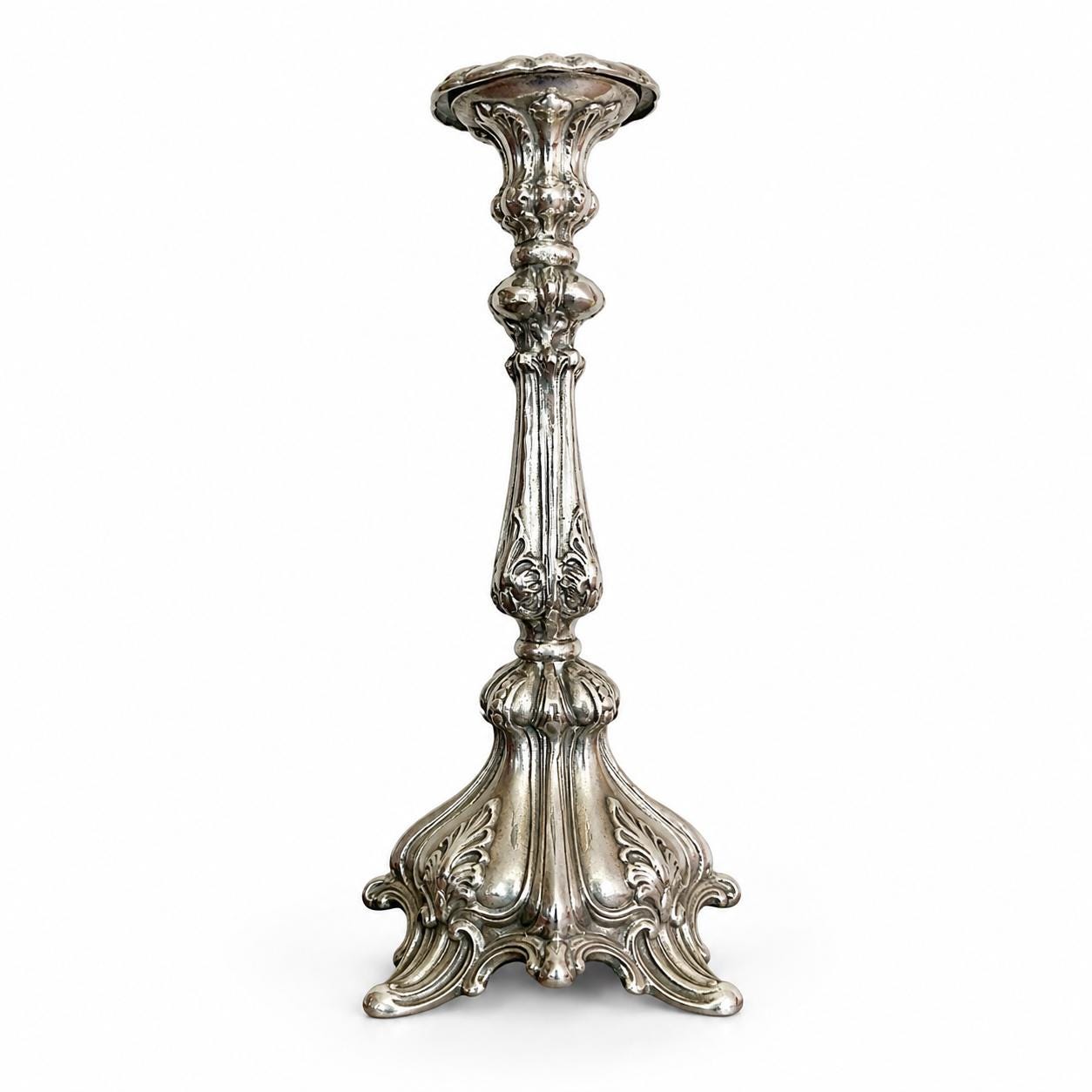 Pair of Antique Silvered Bronze Candlesticks, Louis XV Rococo Style, Late 19th Century