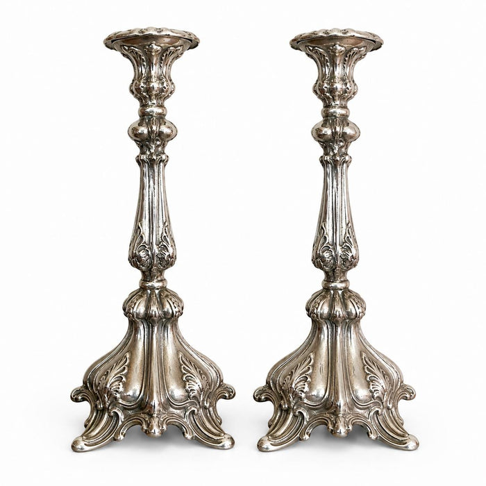 Pair of Antique Silvered Bronze Candlesticks, Louis XV Rococo Style, Late 19th Century