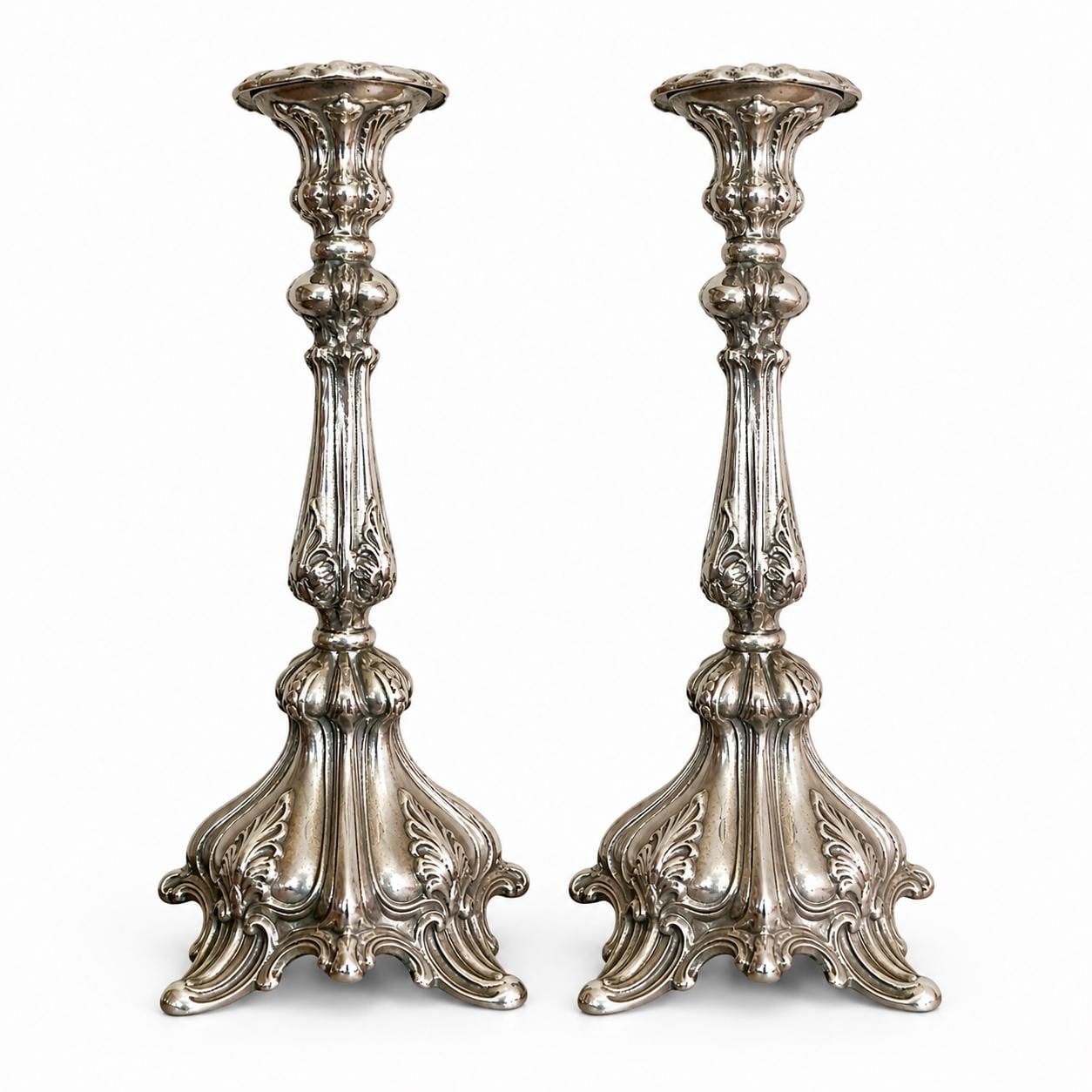 Pair of Antique Silvered Bronze Candlesticks, Louis XV Rococo Style, Late 19th Century