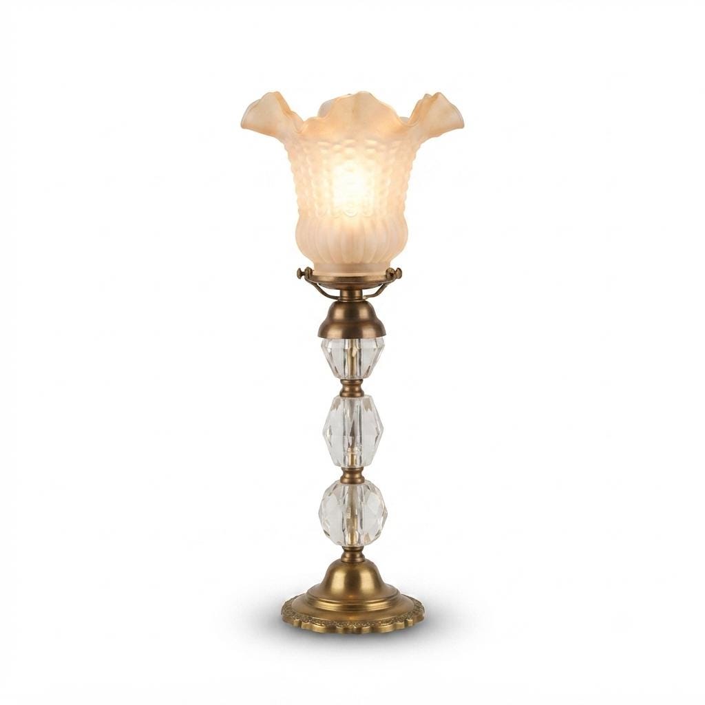Antique Bronze & Cut Glass Table Lamp, Ruffled Frosted Shade, France, Circa 1900