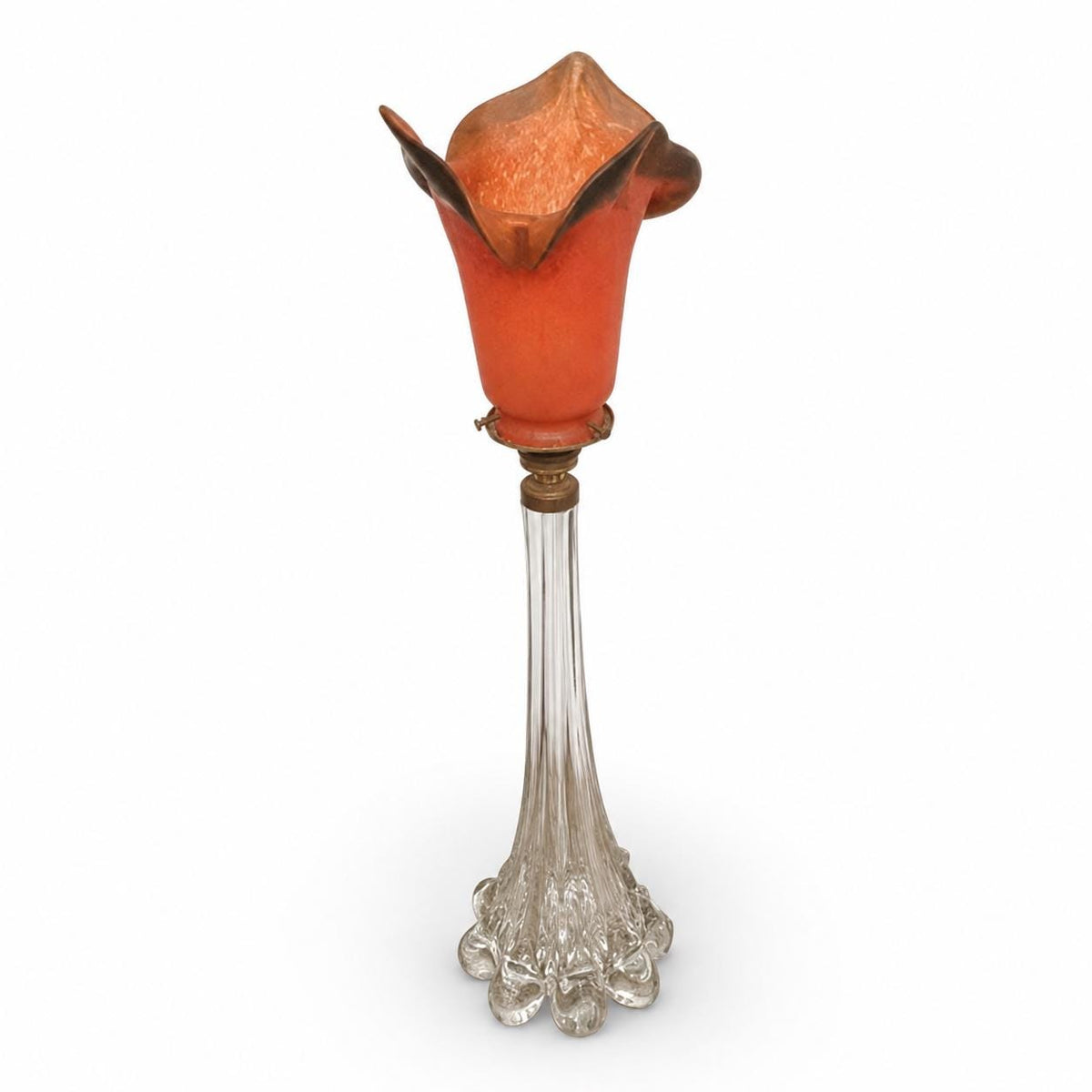 Antique Crystal Lamp, Pâte de Verre Tulip Shade, Signed Art de France, Circa 1900