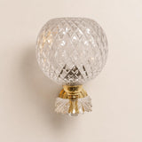 Pair of Mid-Century Crystal Globe Wall Sconces, Diamond Cut Glass, Brass