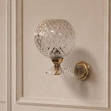 Pair of Mid-Century Crystal Globe Wall Sconces, Diamond Cut Glass, Brass