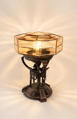 Antique Art Deco Bronze Table Lamp, Octagonal Glass Shade, Sunburst Light Effect, 1920s Style