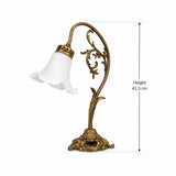 Antique Brass Table Lamp, White Ruffled Glass Tulip Shade, Art Nouveau Style