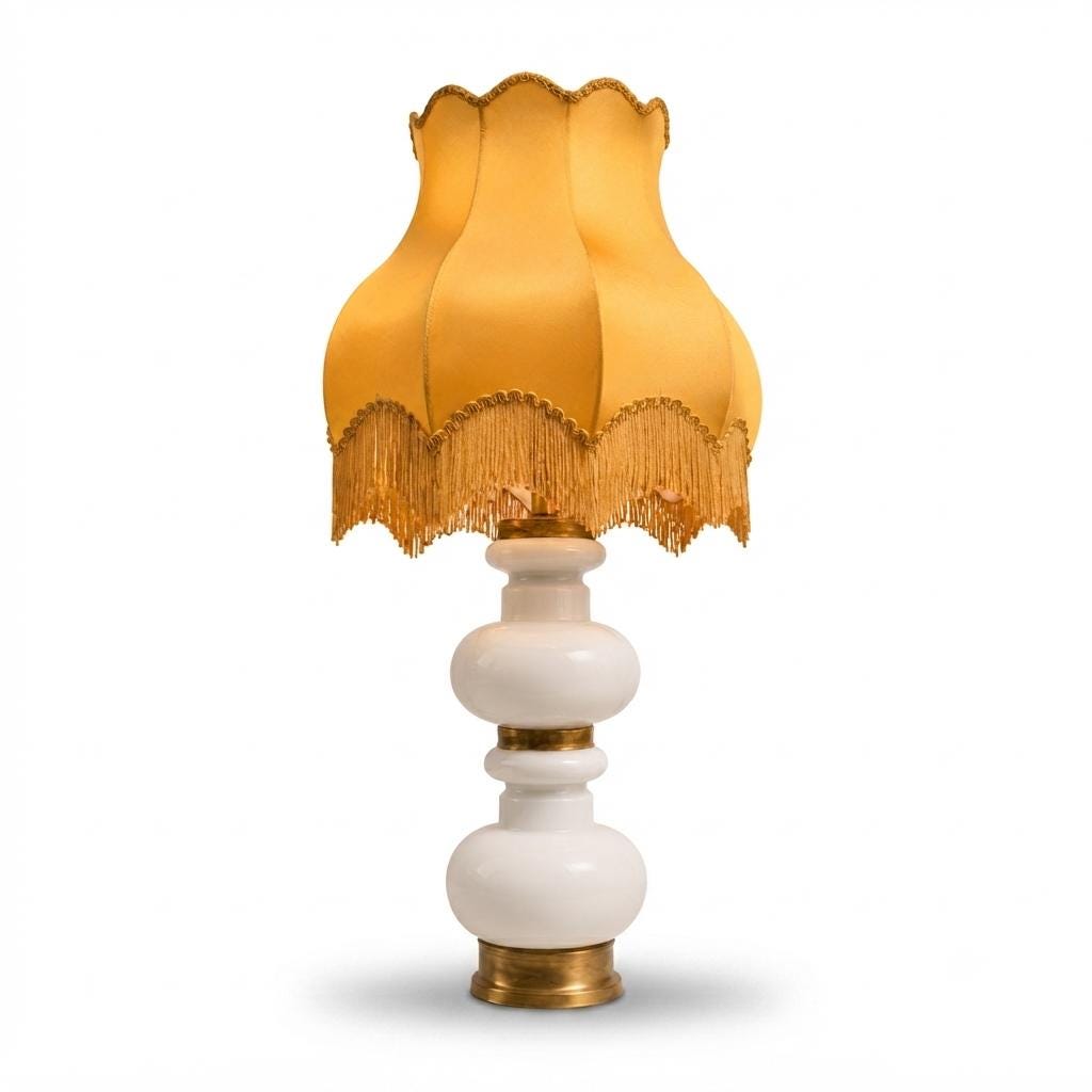 Vintage Opaline Glass Table Lamp, Gilt Brass Rings, Fringed Silk Shade