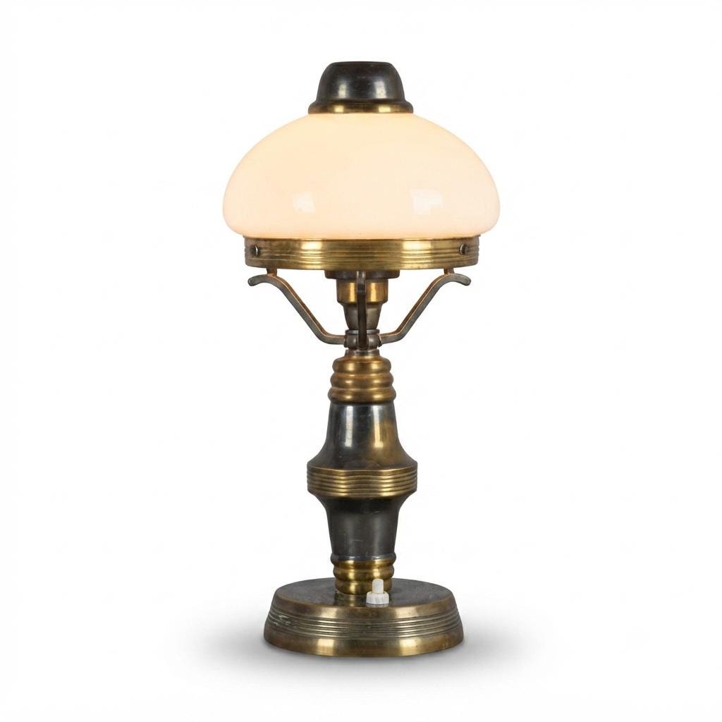 Vintage Brass Table Lamp with White Opaline Glass Dome Shade, Steampunk Style, 1950s