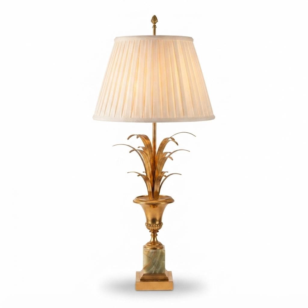 Vintage Brass Reed Sheaf Table Lamp, Three-Light Hollywood Regency Gilt Metal Lamp with Onyx Base, French Style Lighting, Mid-Century Glamou