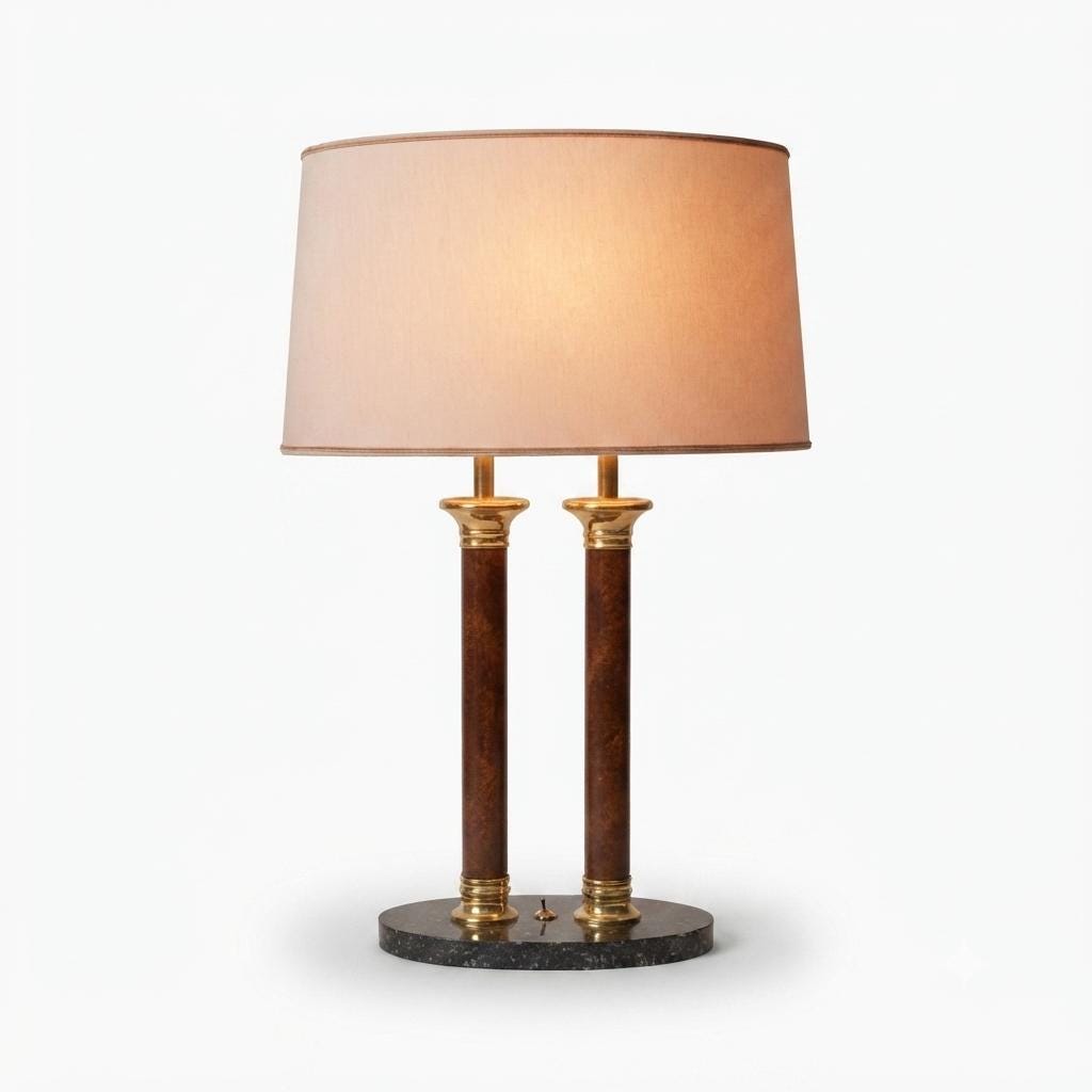 Double Column Table Lamp, Marble Base with Brass Accents — Vintage 1980s