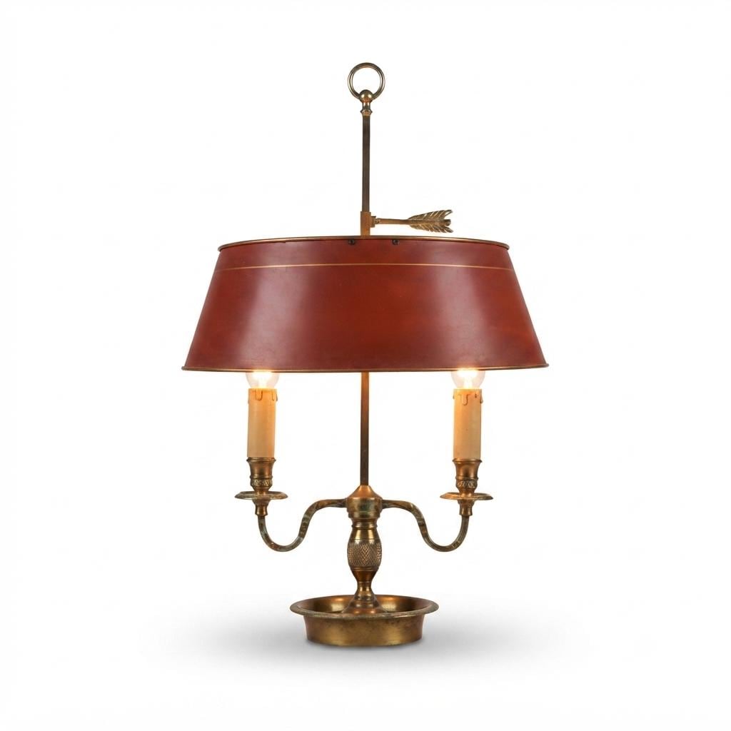 French Bouillotte Lamp, Brass Two-Light Base with Red Tôle Shade, 1930s