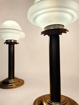 Pair of Vintage Brass Table Lamps, Opaline Glass Mushroom Shades