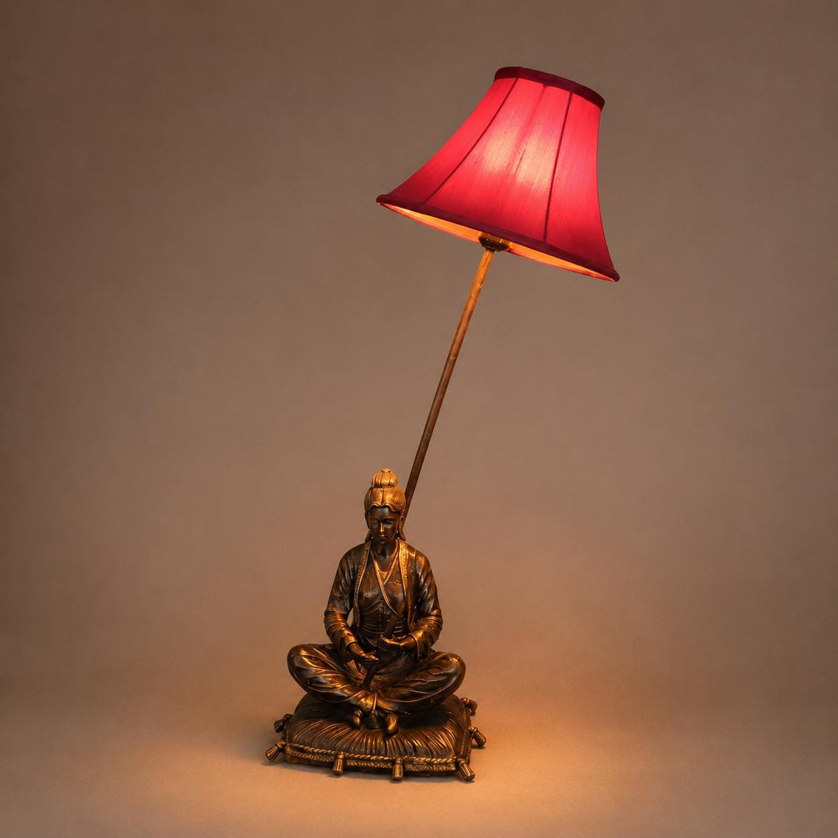 Antique Bronze Figural Table Lamp, Seated Oriental Figure, Silk Shade, Red & Gold