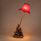 Antique Bronze Figural Table Lamp, Seated Oriental Figure, Silk Shade, Red & Gold