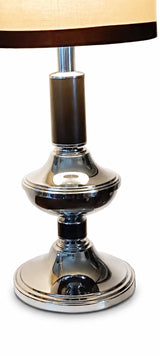 Vintage Chrome Table Lamp, Wood and Chrome Column with New Fabric Shade — 1960s–70s