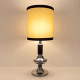 Vintage Chrome Table Lamp, Wood and Chrome Column with New Fabric Shade — 1960s–70s