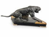 Art Deco Panther Sculpture, Patinated Spelter Big Cat on Marble Onyx Base — French, 1930s Style