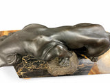 Art Deco Panther Sculpture, Patinated Spelter Big Cat on Marble Onyx Base — French, 1930s Style