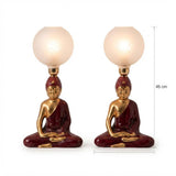 Vintage Buddha Table Lamps Pair, Burgundy Gold Ceramic with Frosted Glass Globes — 1970s–80s
