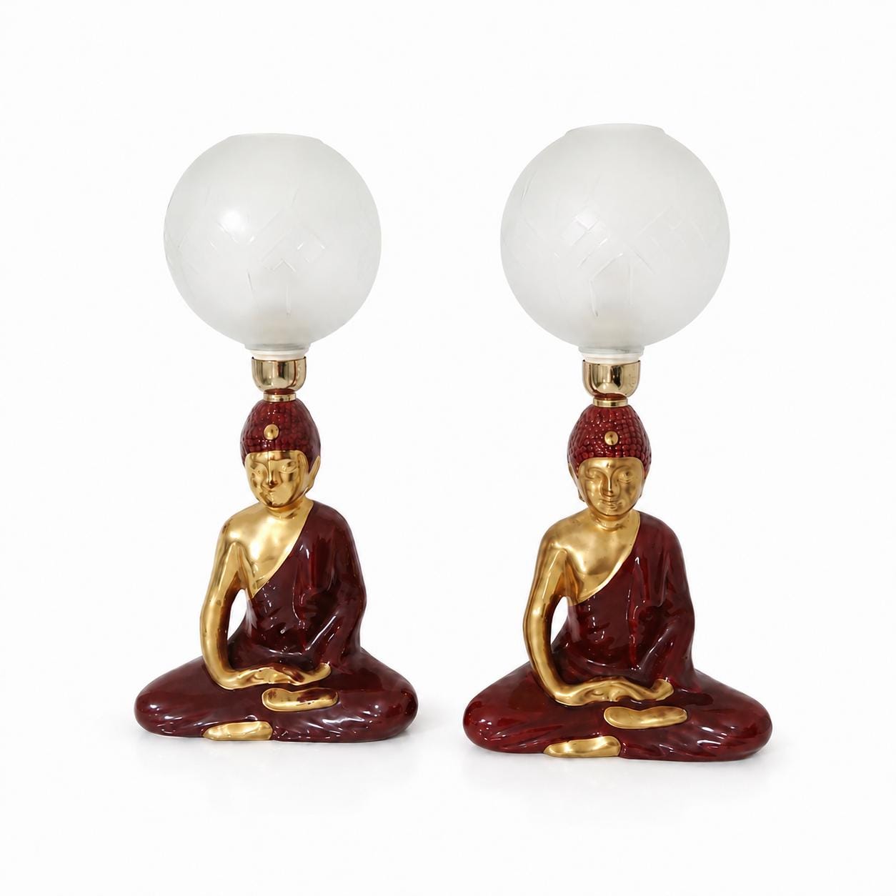 Vintage Buddha Table Lamps Pair, Burgundy Gold Ceramic with Frosted Glass Globes — 1970s–80s