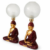 Vintage Buddha Table Lamps Pair, Burgundy Gold Ceramic with Frosted Glass Globes — 1970s–80s