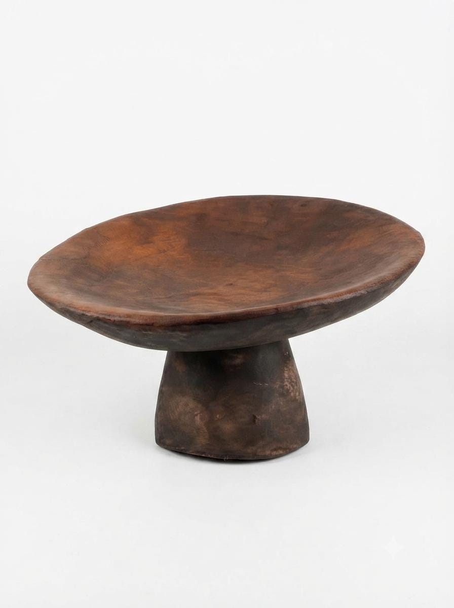 Wooden Footed Bowl, Hand Carved Pedestal Bowl, Berber Style — North African, Dark Patina