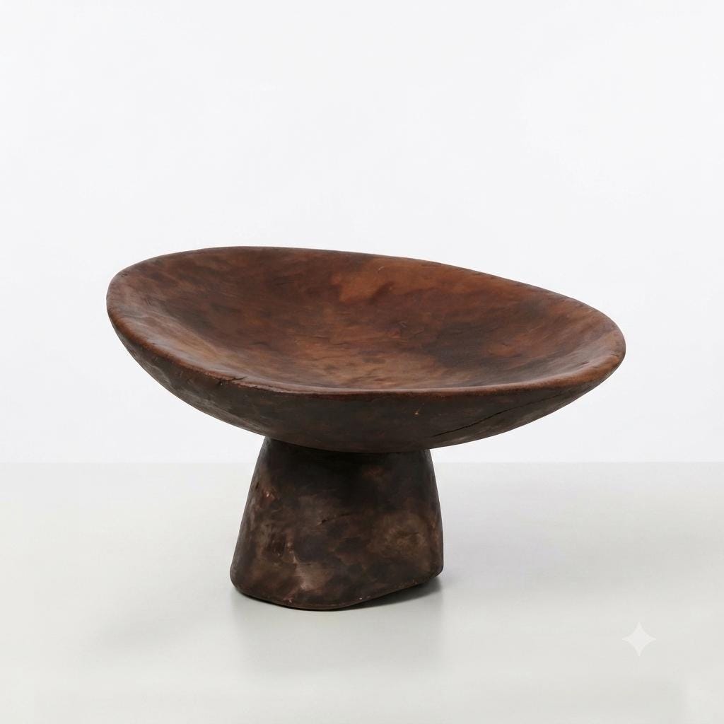 Wooden Footed Bowl, Hand Carved Pedestal Bowl, Berber Style — North African, Dark Patina