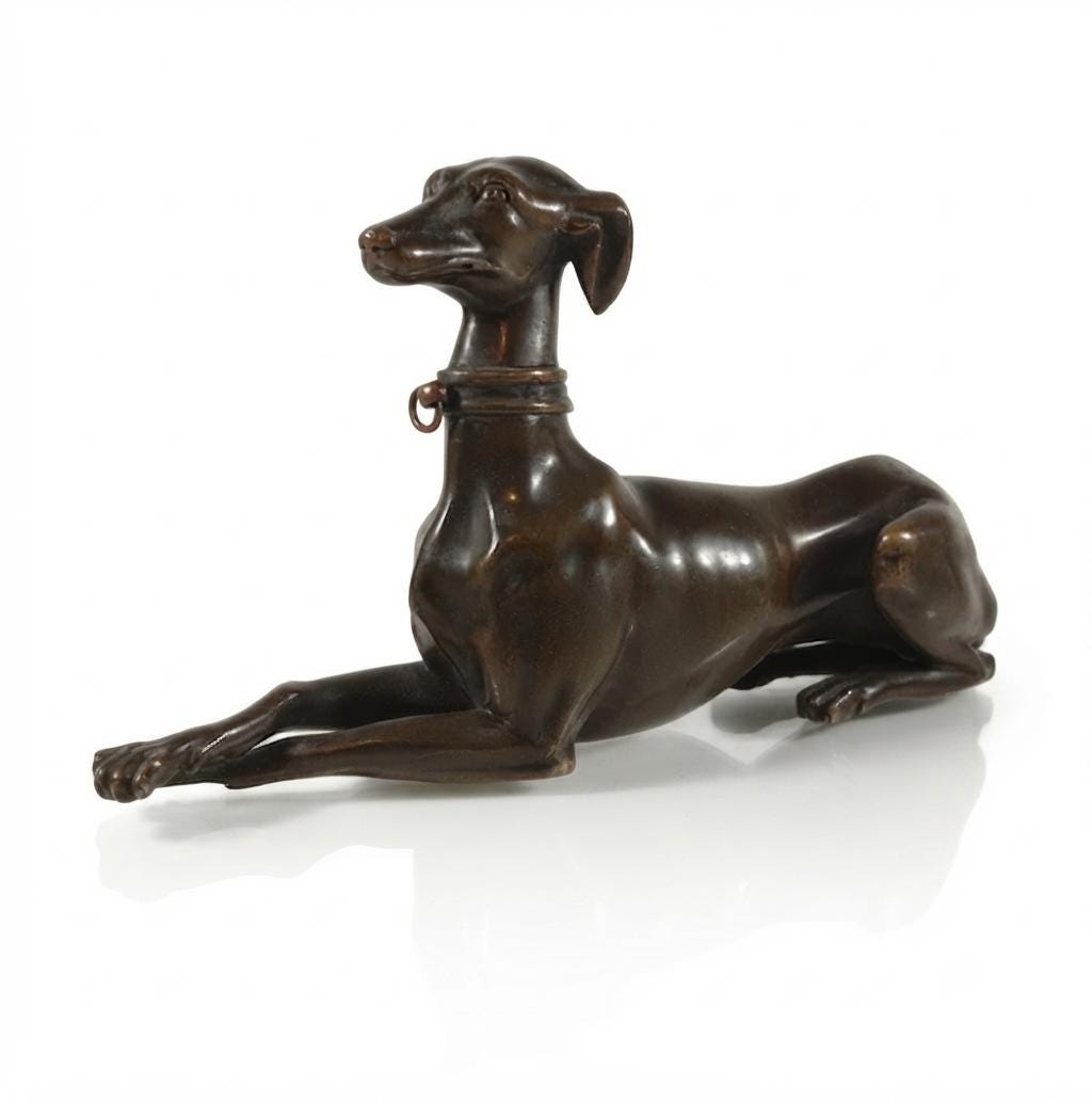 Bronze Greyhound Sculpture, Recumbent Whippet Dog Figurine with Collar, Dark Patina — European