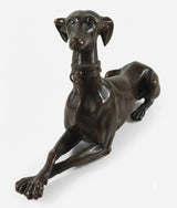 Bronze Greyhound Sculpture, Recumbent Whippet Dog Figurine with Collar, Dark Patina — European